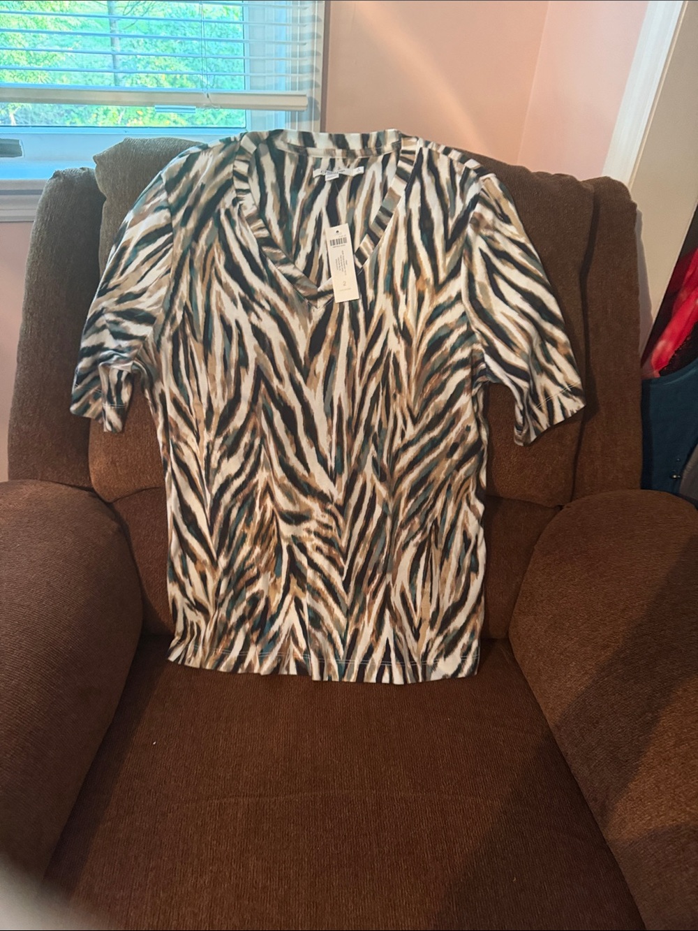 Chico's Short Sleeve V-Neck Zebra-Style Shirt - Black, White, Brown, Teal
